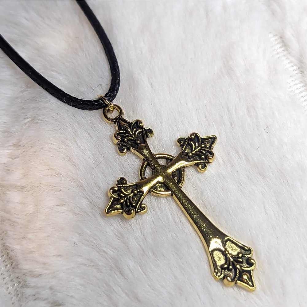 Large Gothic Style Cross Charm on a Rope Necklace